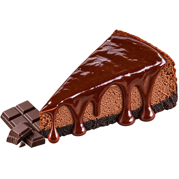 Fatia de cheesecake de chocolate com calda de chocolate escorrendo pela lateral, ao lado de pedaços de chocolate