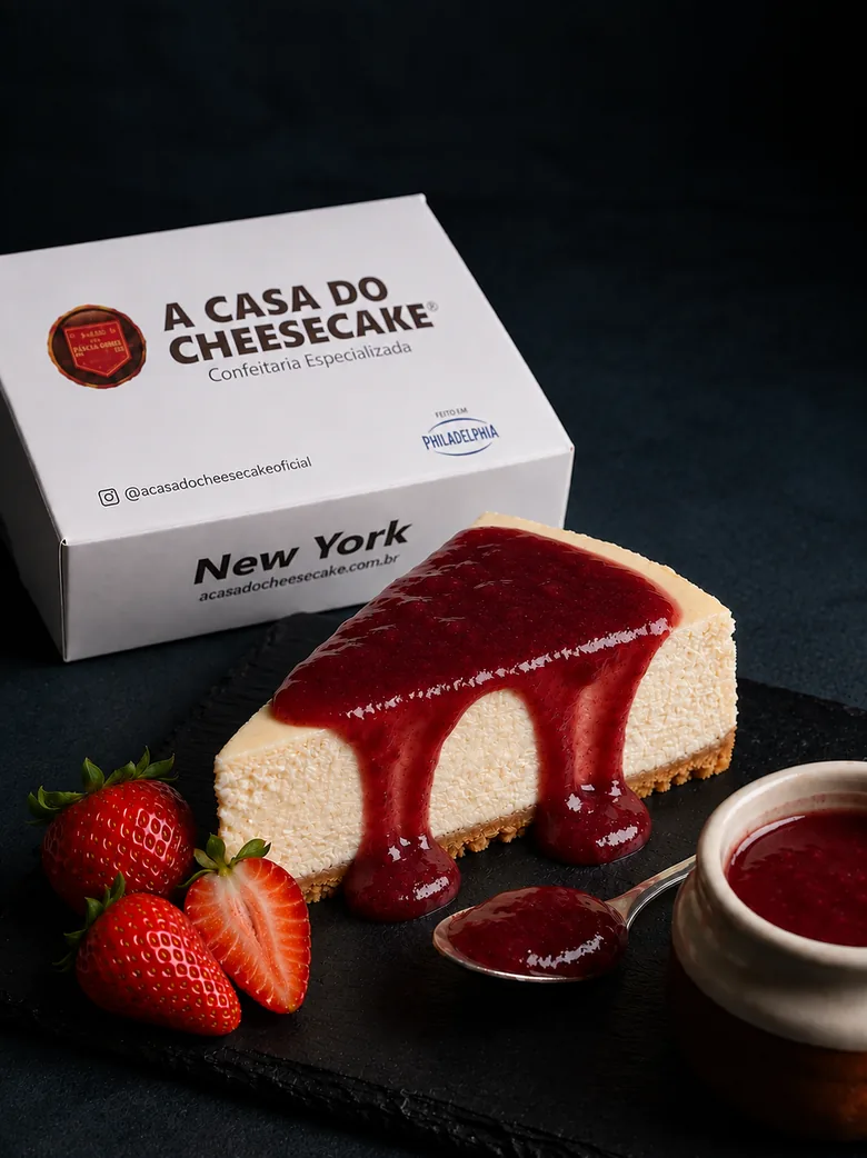 Fatia de cheesecake assado com calda de morango, ao lado da caixa da Casa do Cheesecake