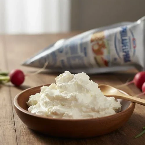 Tigela de cream cheese batido ao lado da embalagem de Philadelphia