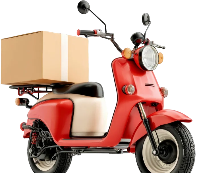 Scooter vermelha de entrega com uma caixa de papelão no bagageiro