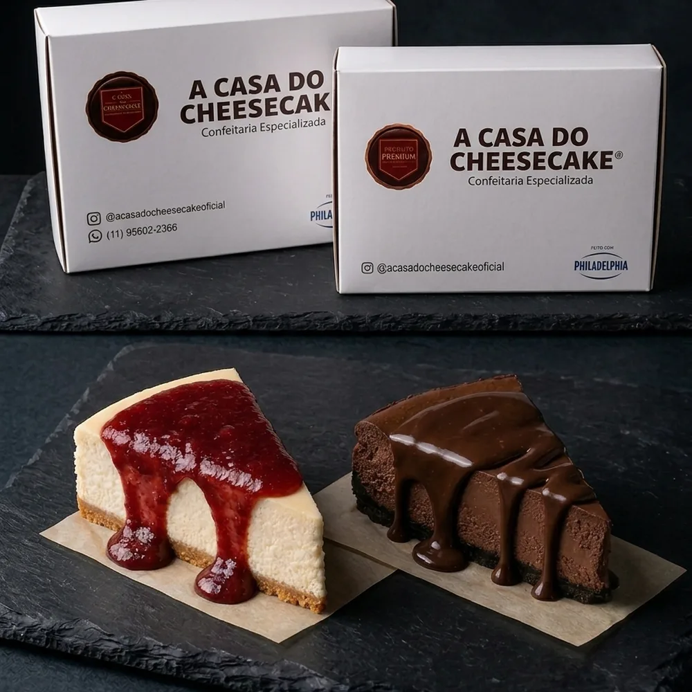 Fatias de cheesecake de frutas vermelhas e de chocolate em frente às caixas da Casa do Cheesecake