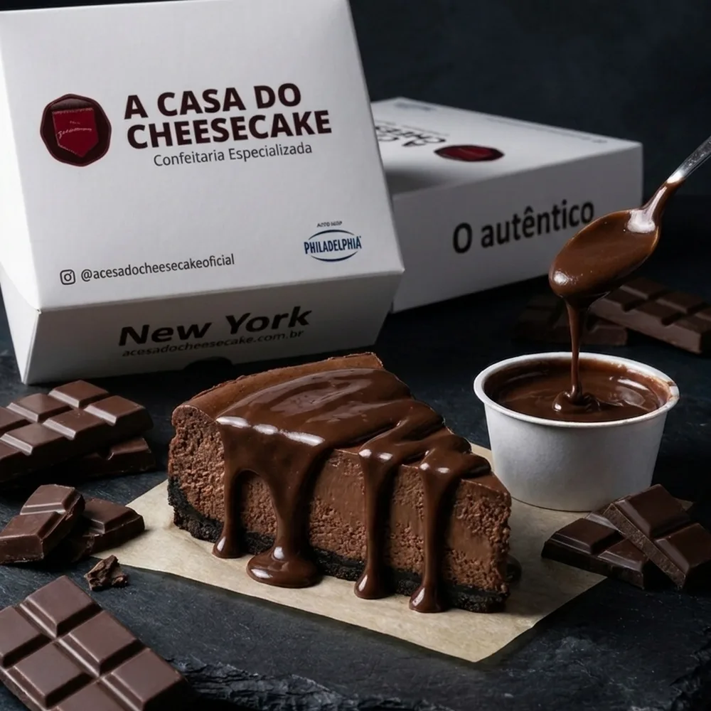 Fatia de cheesecake Duplo Chocolate com calda de chocolate, ao lado da caixa
