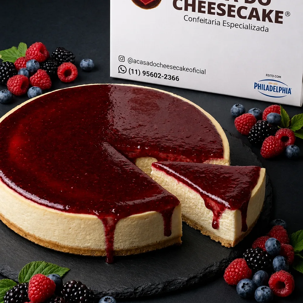 Cheesecake inteiro de frutas vermelhas com uma fatia cortada, cercado de frutas vermelhas