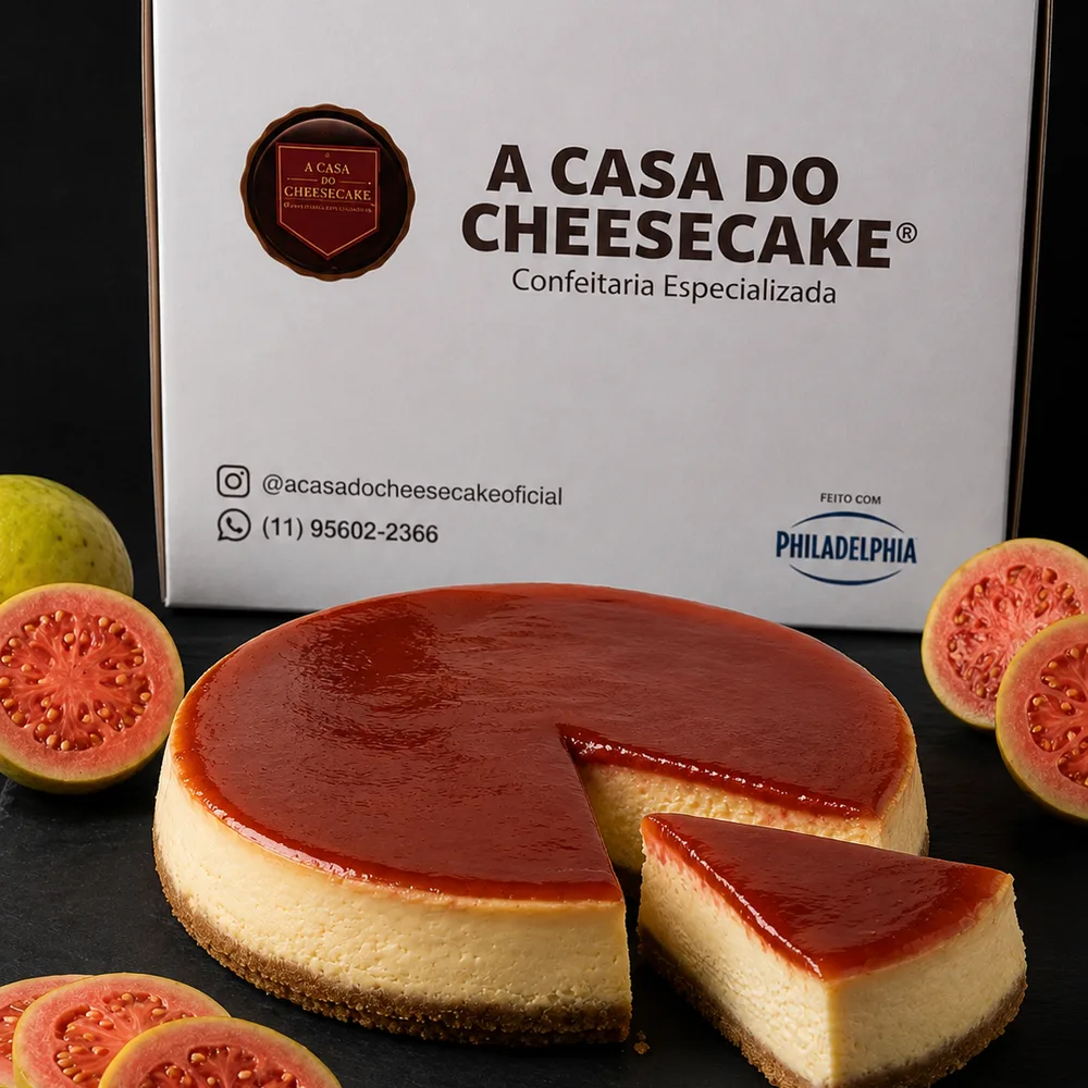 Cheesecake inteiro de goiaba com uma fatia cortada, em frente à caixa