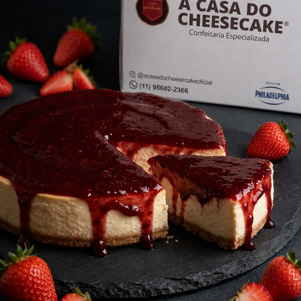 Cheesecake inteiro de morango com uma fatia cortada, cercado de morangos